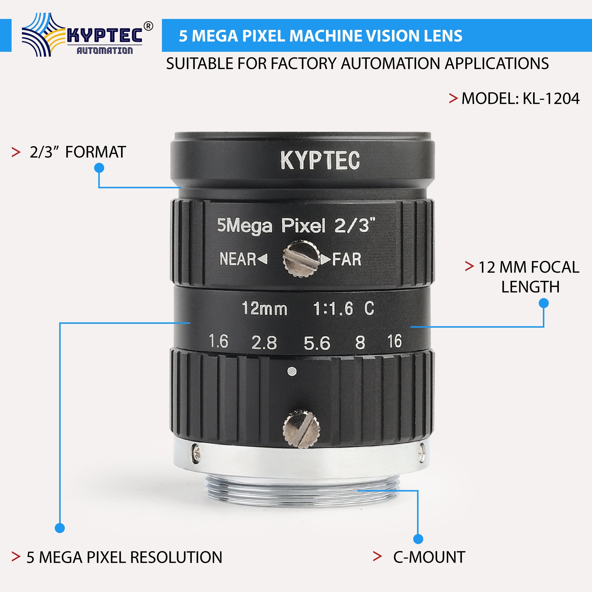 12 MM Machine Vision Lens With 5 MegaPixel & 2/3" Format Lens