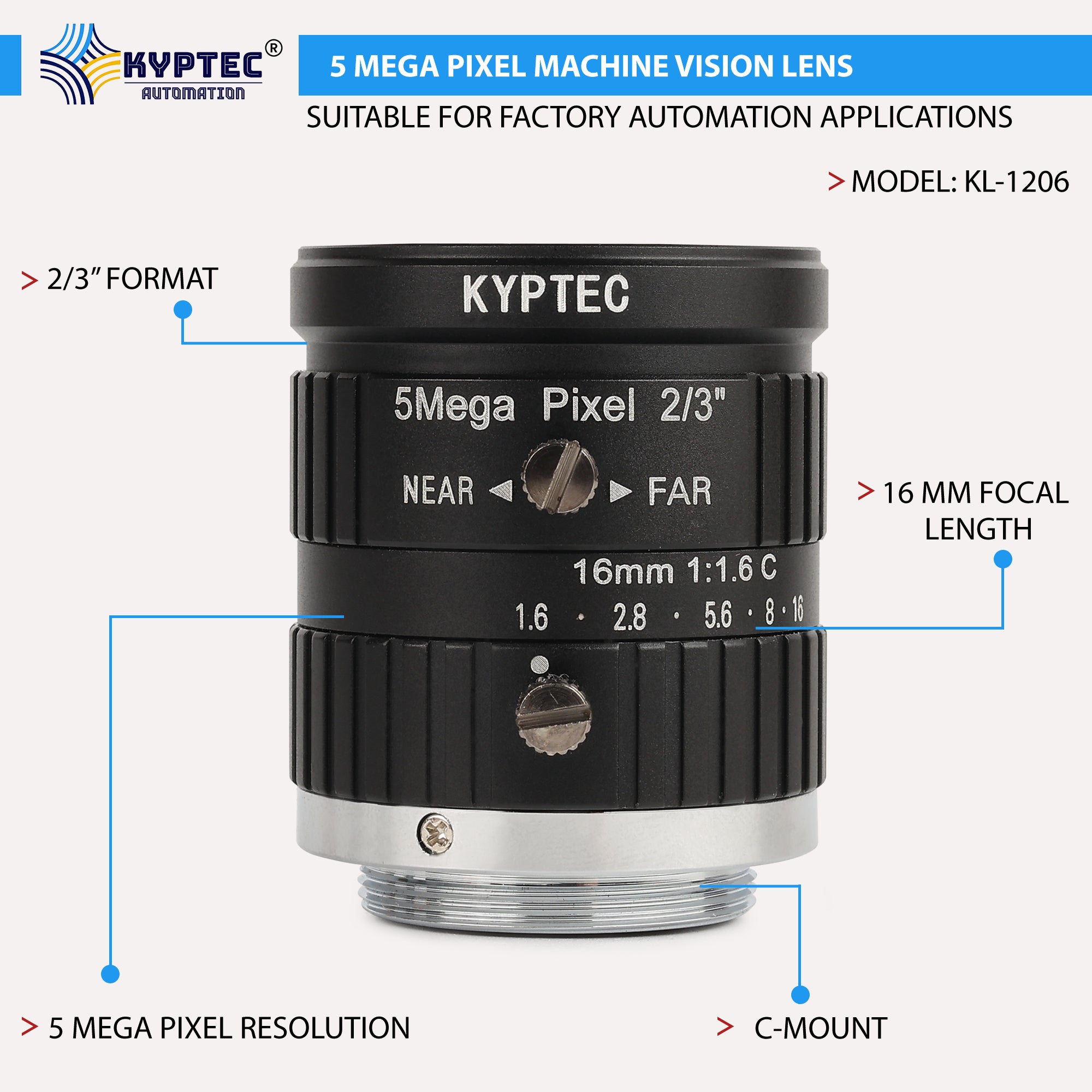 16 MM Machine Vision Lens With 5 MegaPixel & 2/3" Format Lens