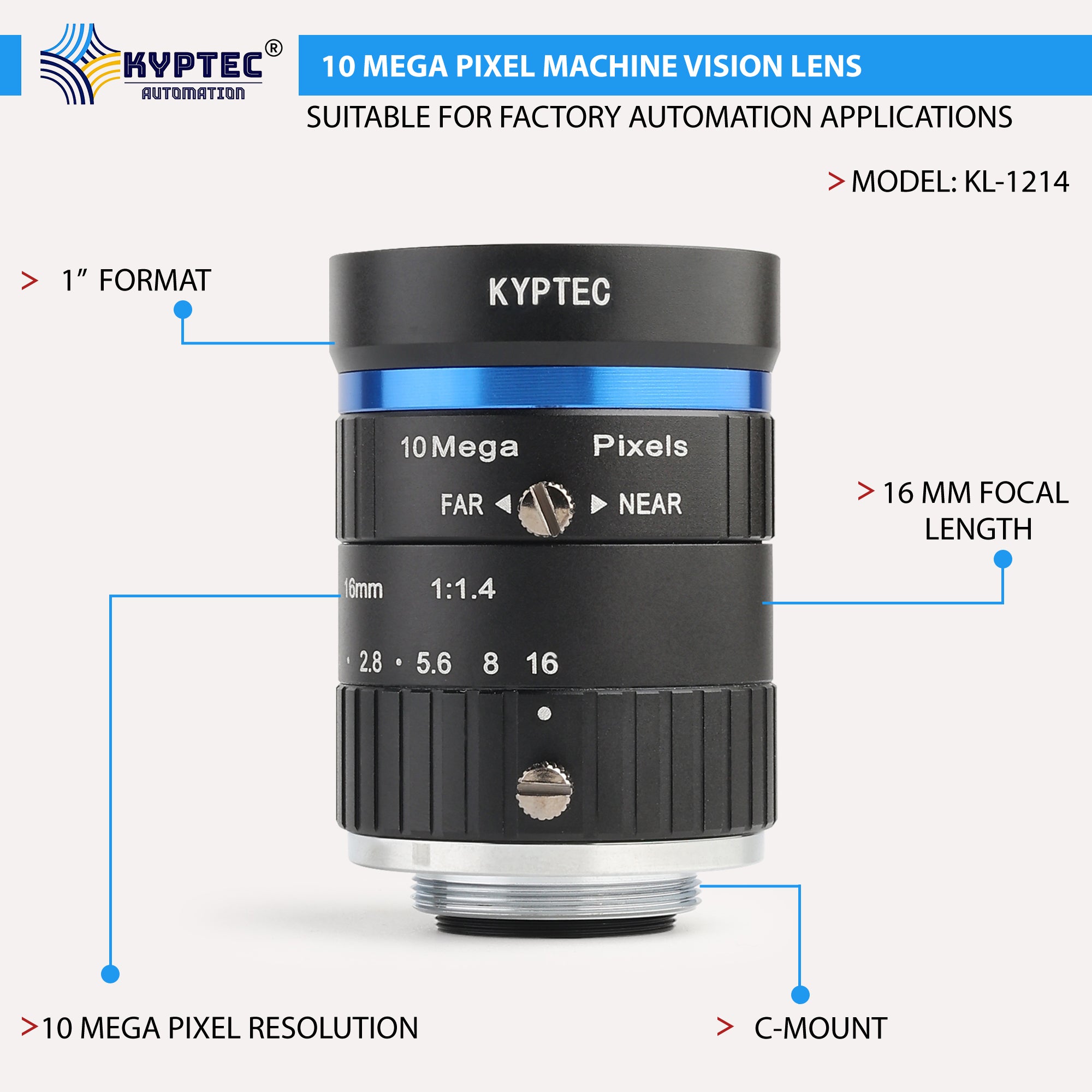 16 MM Machine Vision Lens With 10 MegaPixel & 1" Format Lens