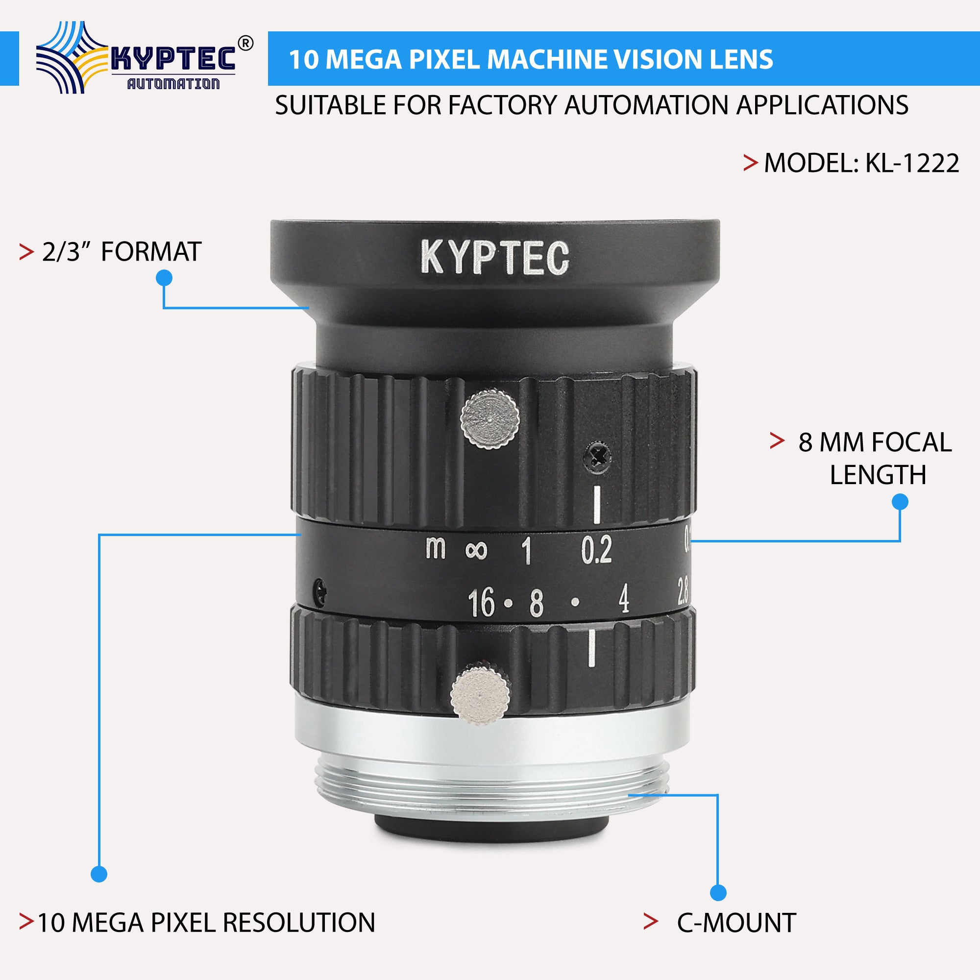 8 MM Machine Vision Lens With 10 MegaPixel & 2/3" Format Lens