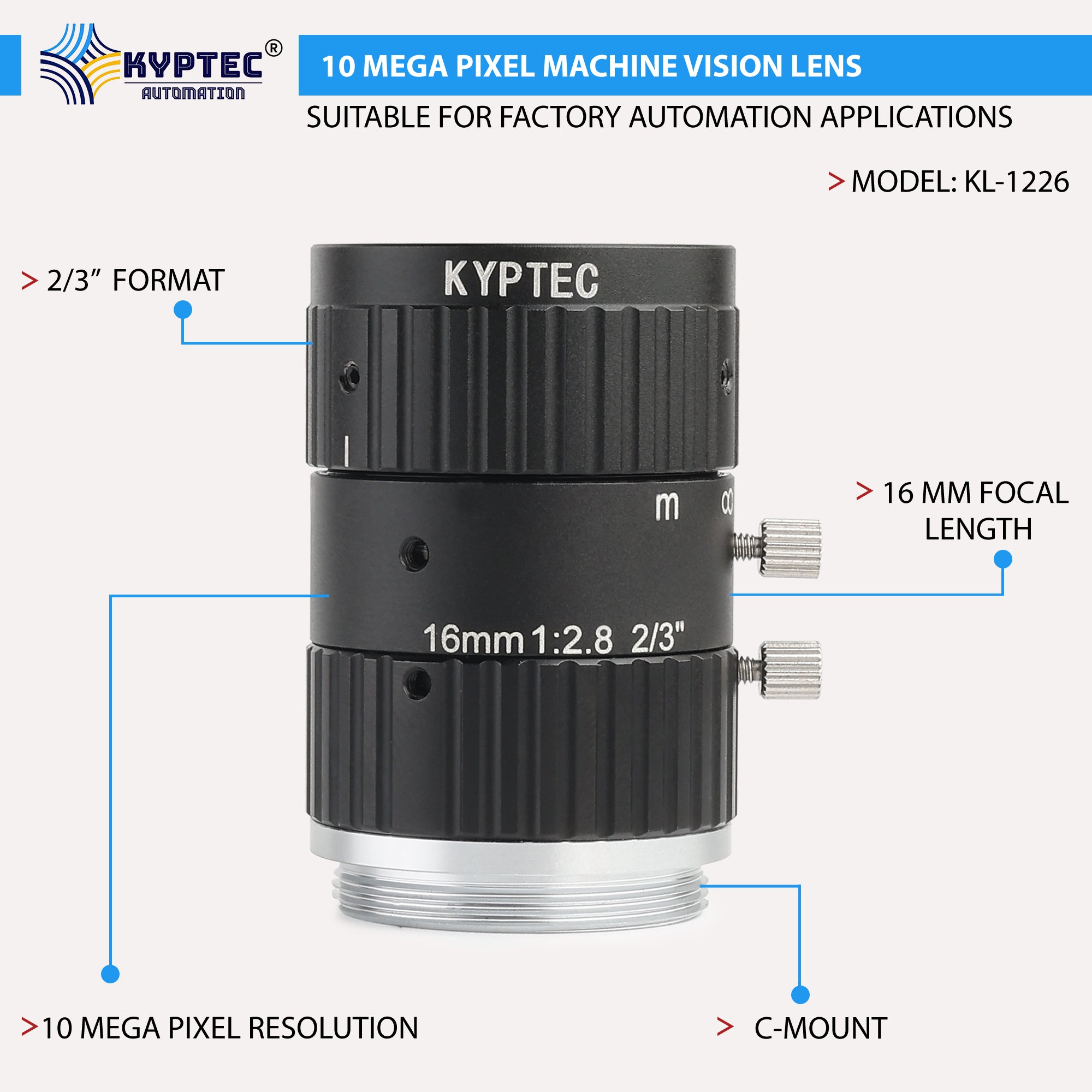 16 MM Machine Vision Lens With 10 MegaPixel & 2/3" Format Lens