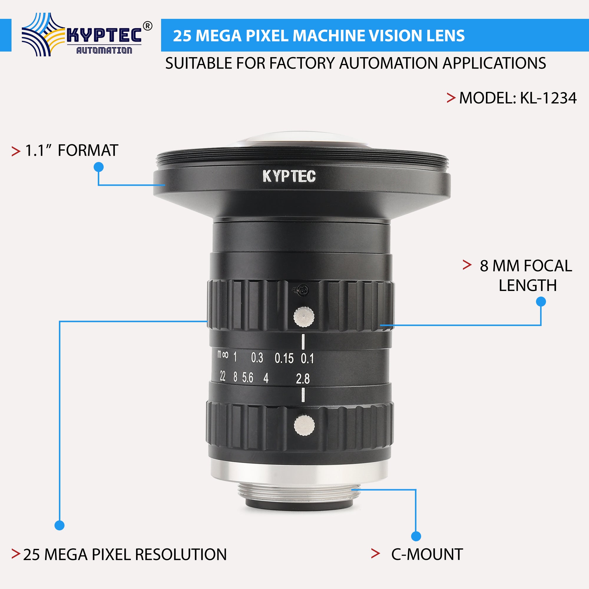 8 MM Machine Vision Lens With 25 MegaPixel & 1.1" Format Lens
