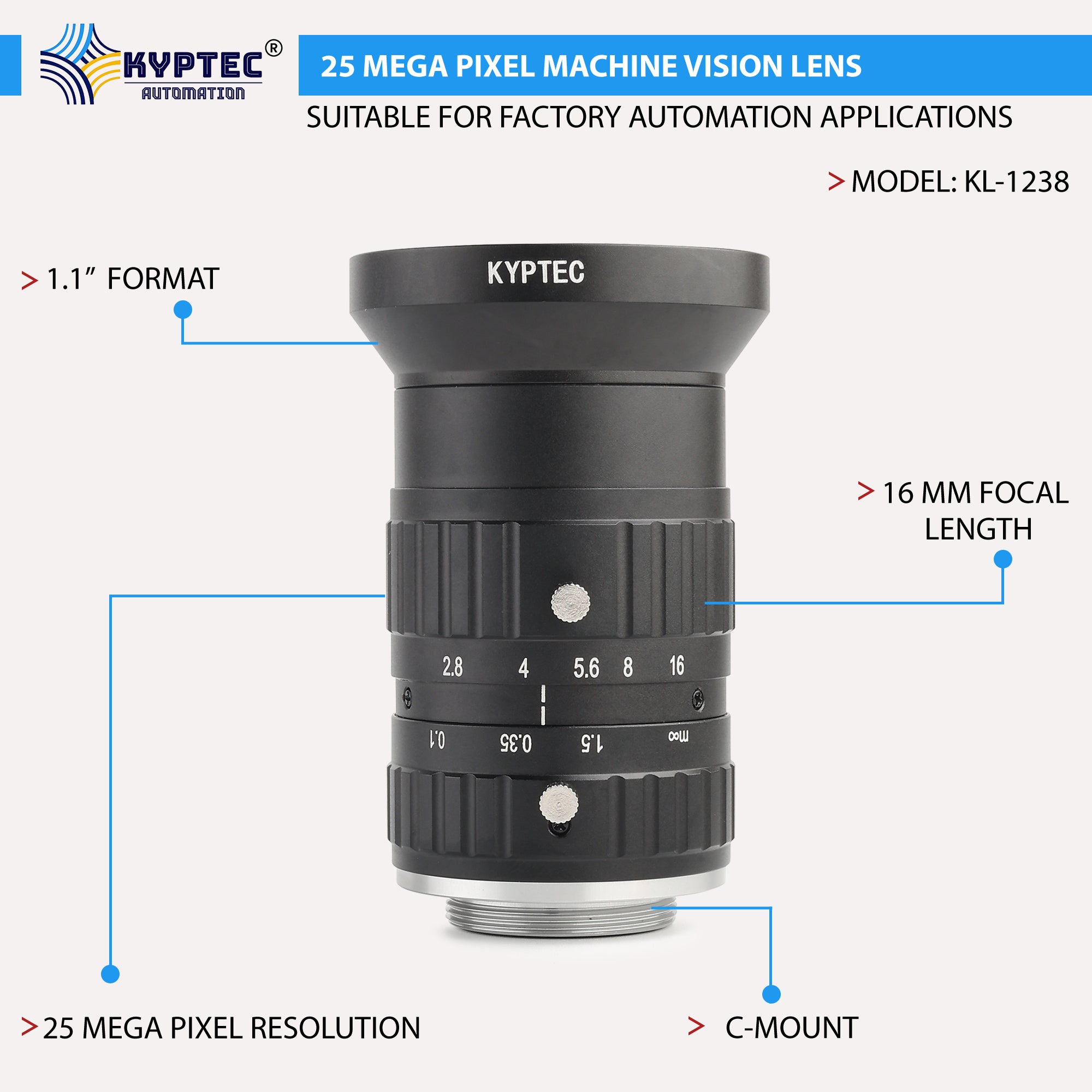 16 MM Machine Vision Lens With 25 MegaPixel & 1.1" Format Lens
