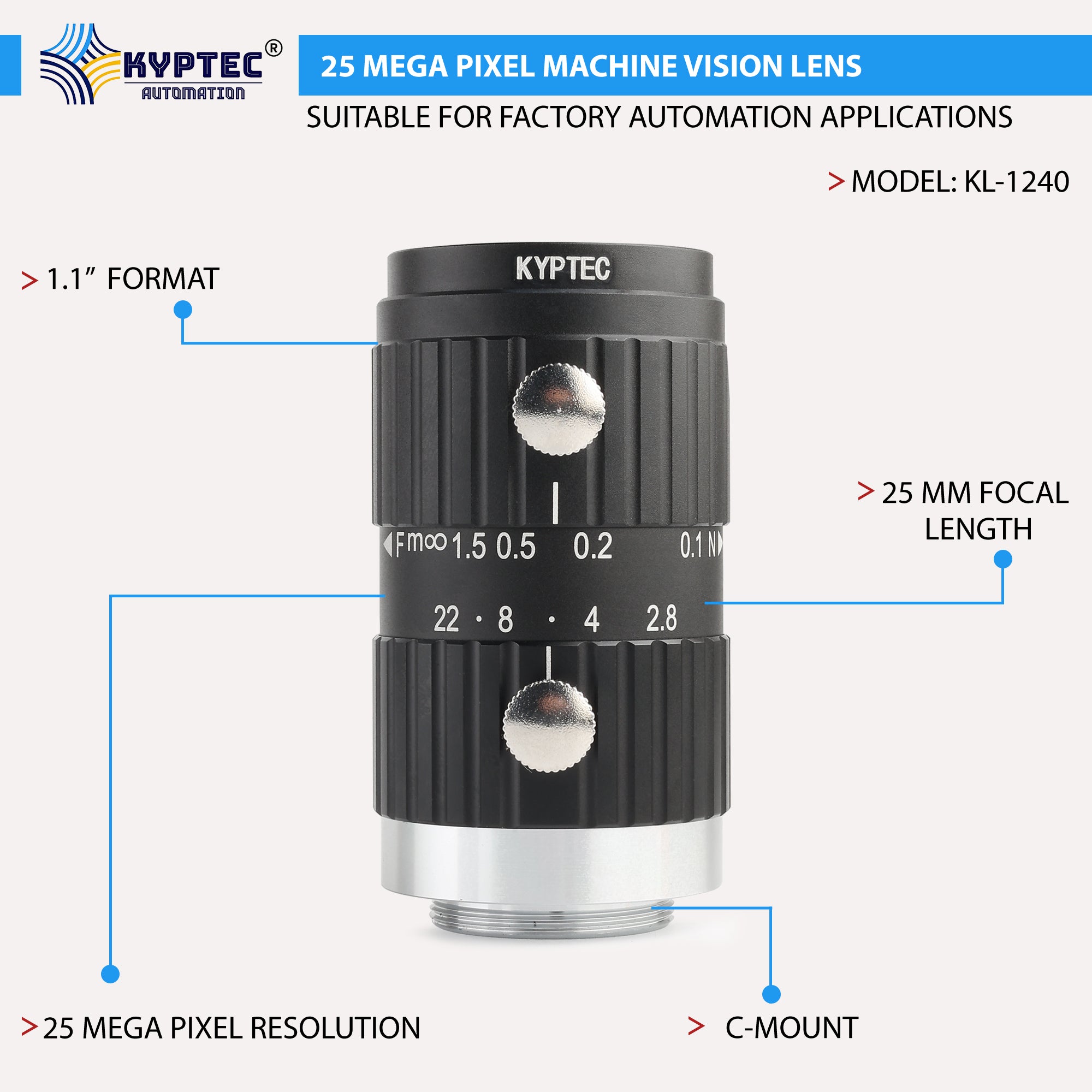 25 MM Machine Vision Lens With 25 MegaPixel & 1.1