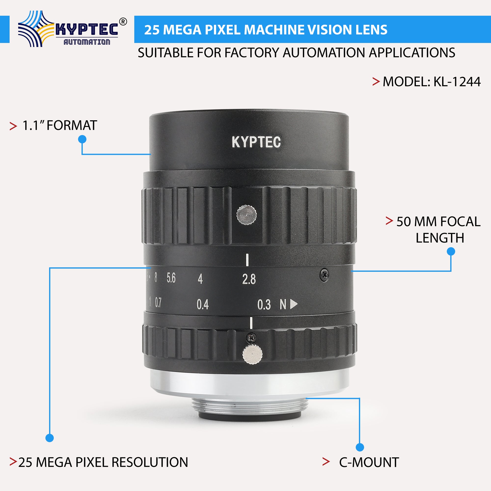 50 MM Machine Vision Lens With 25 MegaPixel & 1.1" Format Lens