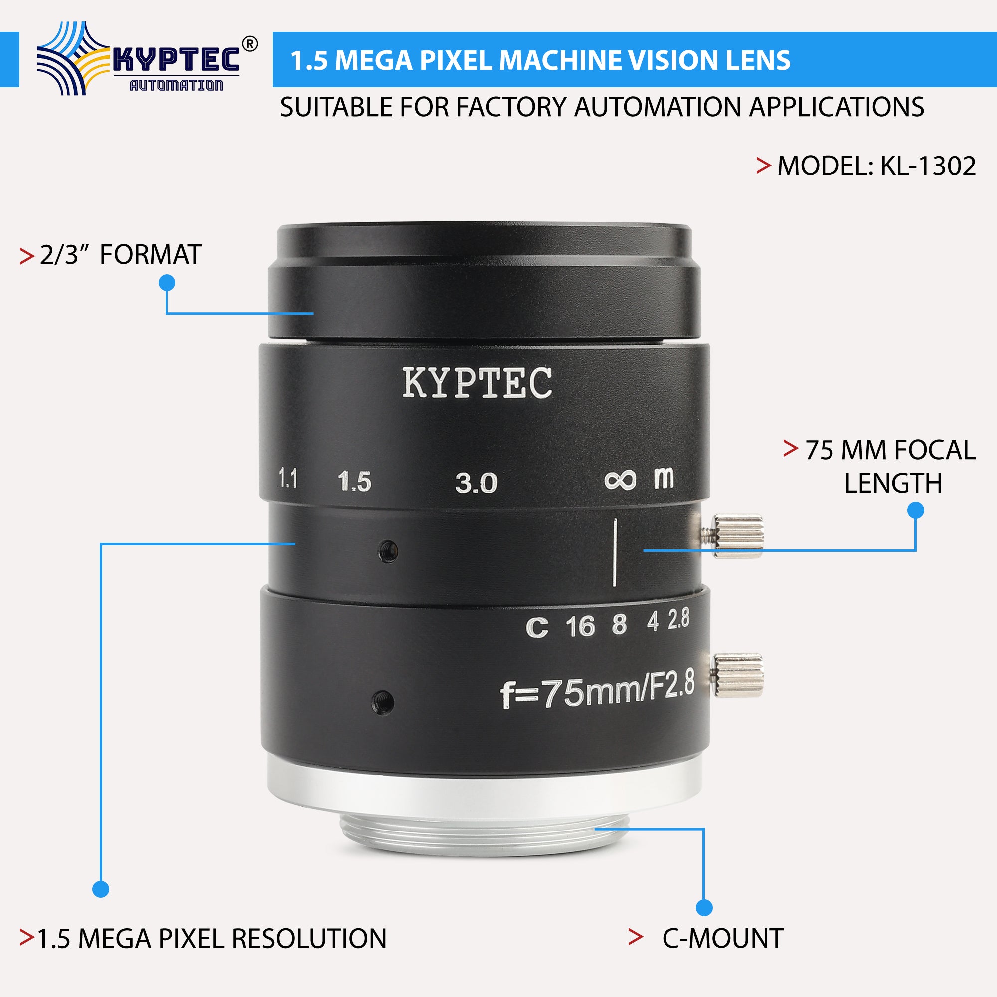 75 MM Machine Vision Lens With 1.5 MegaPixel & 2/3" Format Lens