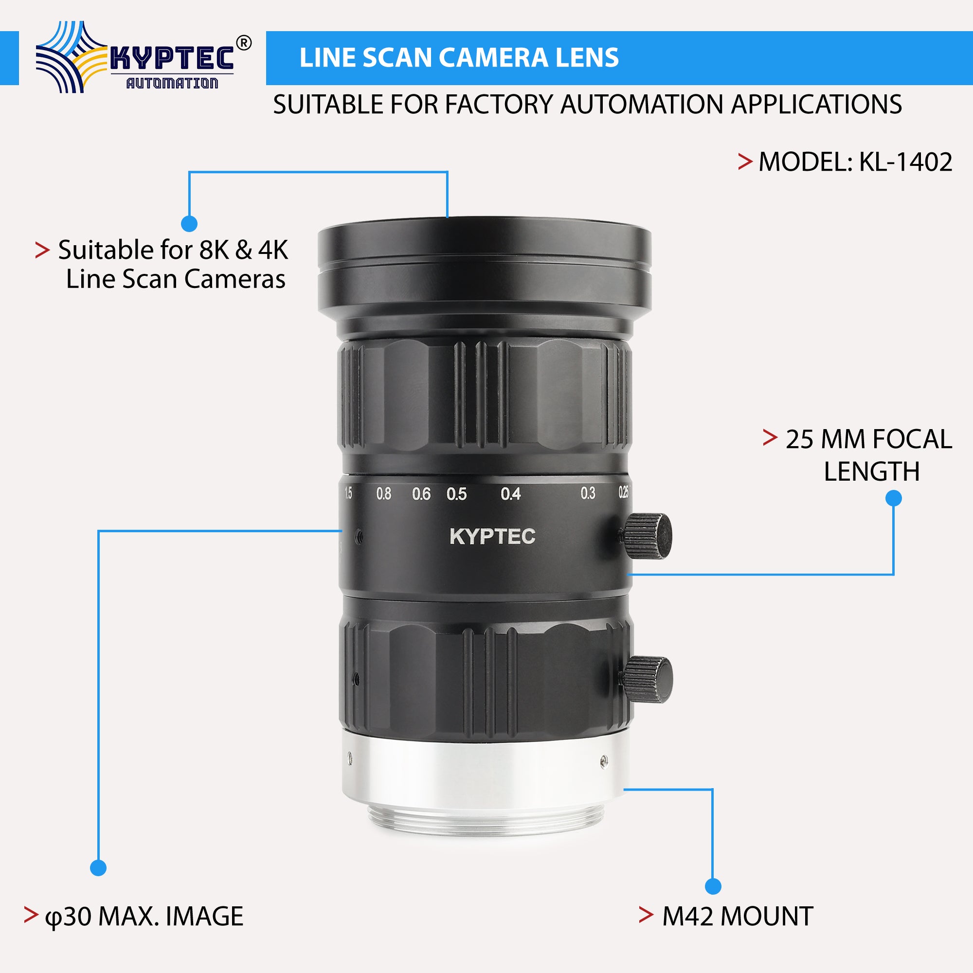 25 MM Line Scan Camera lens Suitable for 8K & 4K Line Scan Cameras