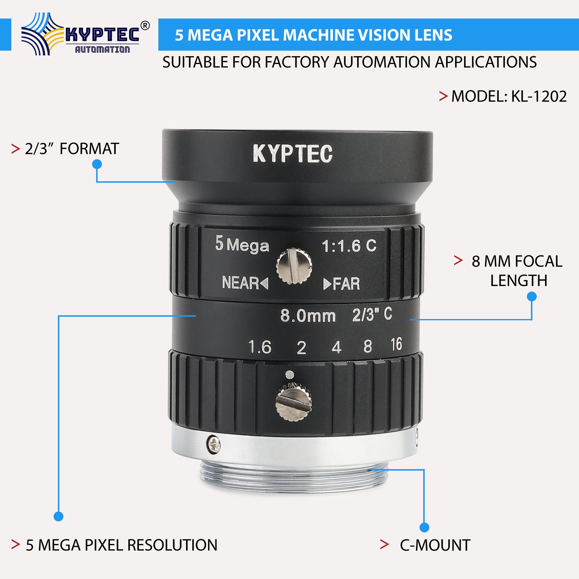 8 MM Machine Vision Lens With 5 MegaPixel & 2/3" Format Lens