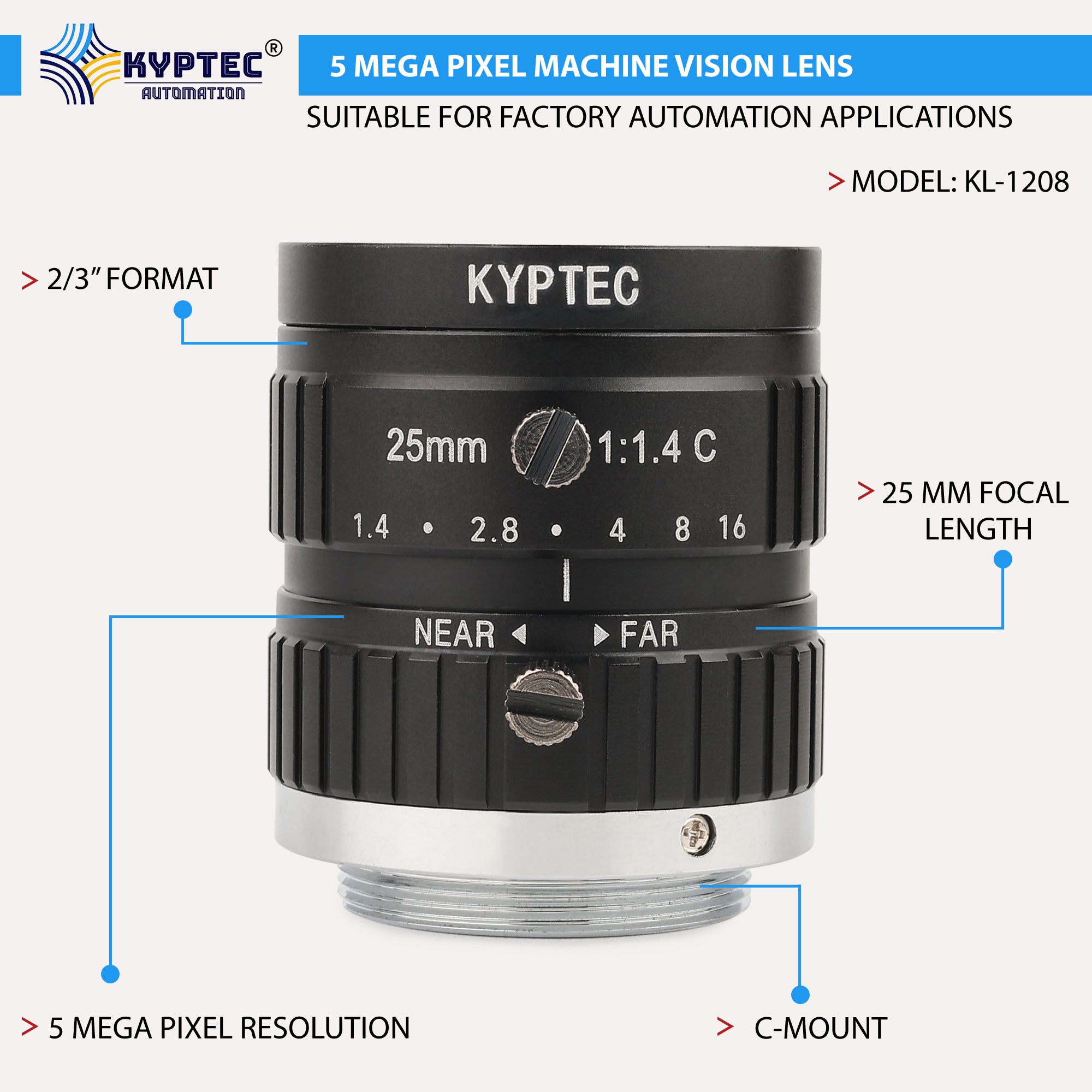 25 MM Machine Vision Lens With 5 MegaPixel & 2/3" Format Lens