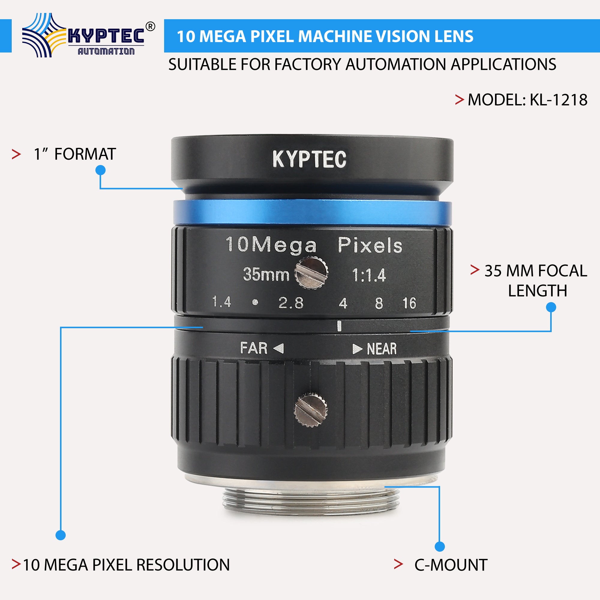 35 MM Machine Vision Lens With 10 MegaPixel & 1" Format Lens