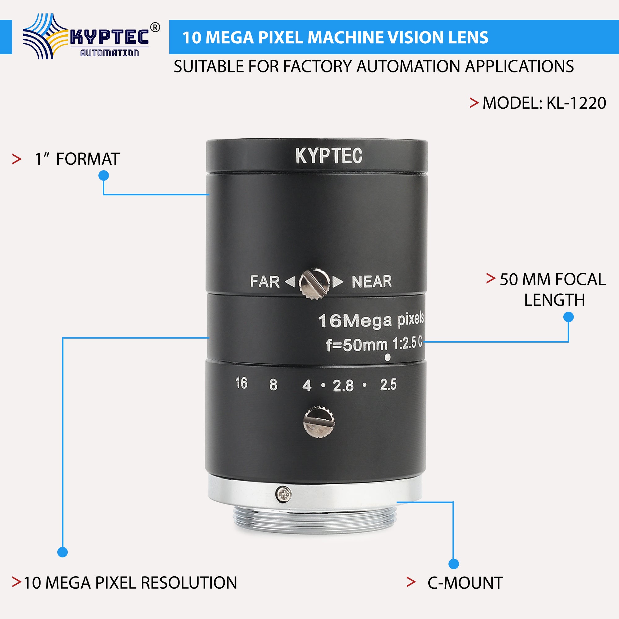 50 MM Machine Vision Lens With 10 MegaPixel & 1" Format Lens