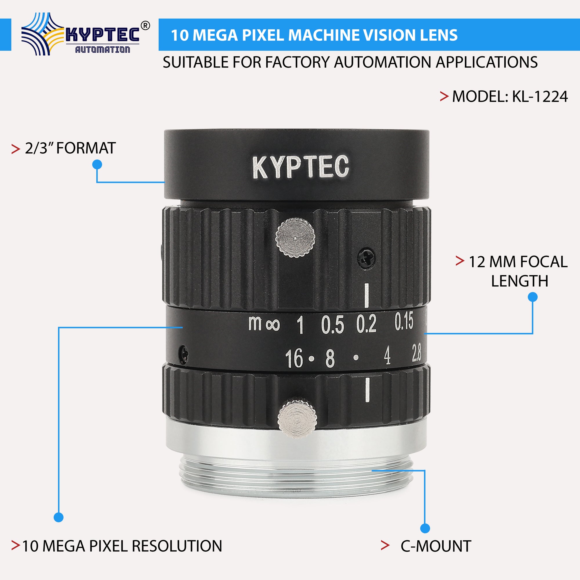 12 MM Machine Vision Lens With 10 MegaPixel & 2/3" Format Lens