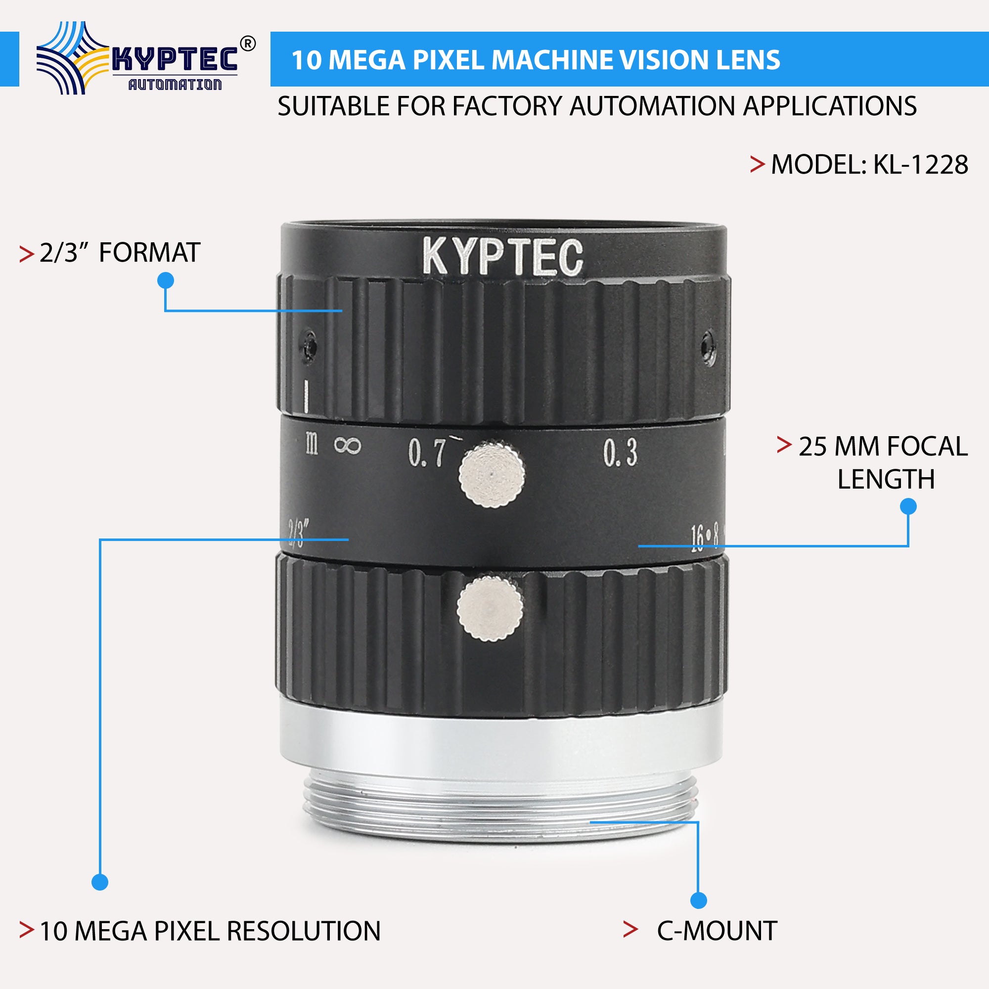 25 MM Machine Vision Lens With 10 MegaPixel & 2/3" Format Lens