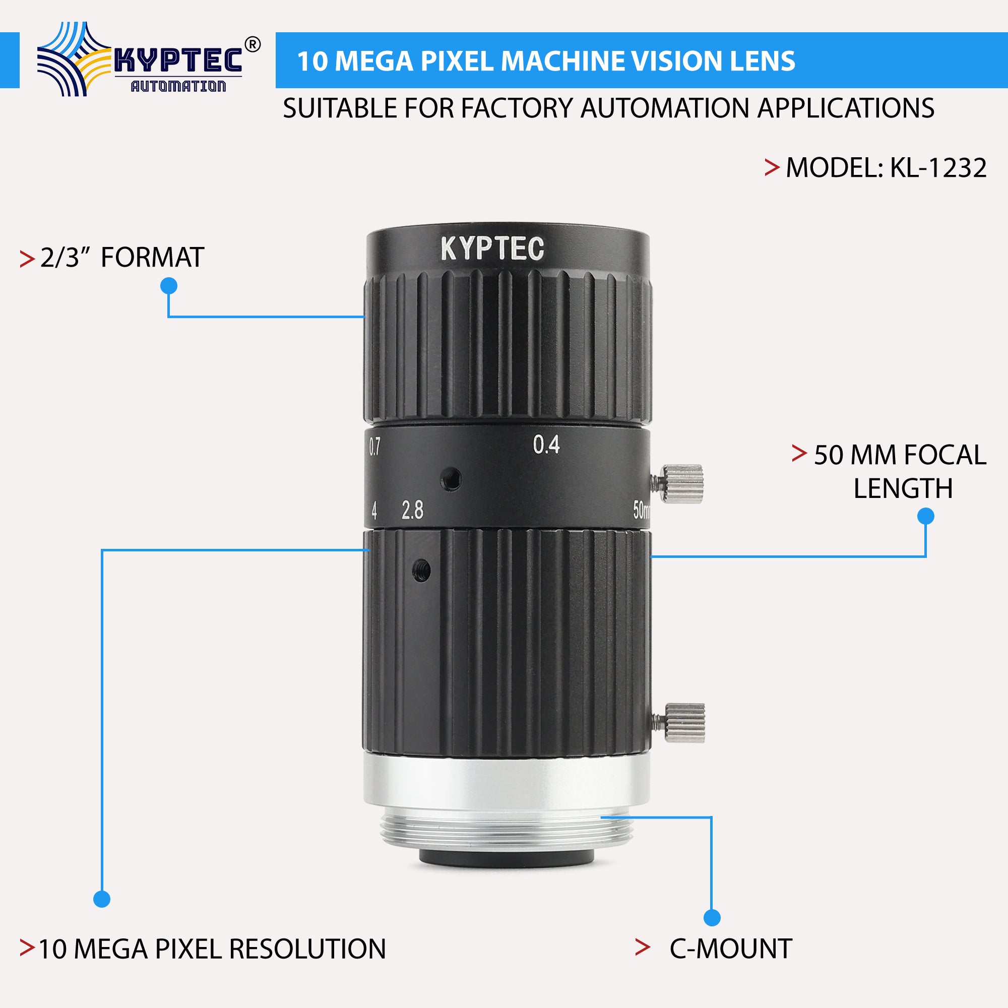 50 MM Machine Vision Lens With 10 MegaPixel & 2/3" Format Lens