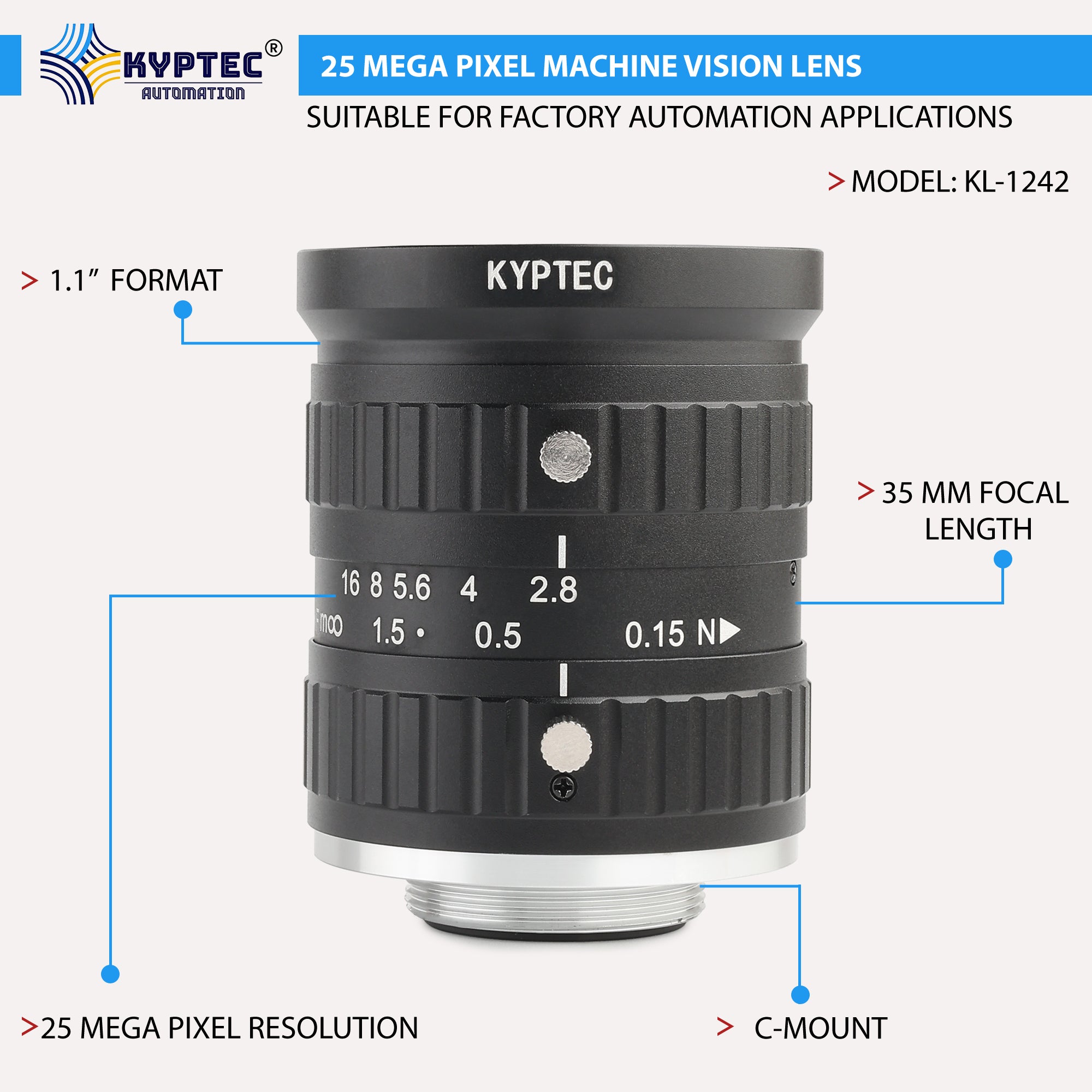 35 MM Machine Vision Lens With 25 MegaPixel & 1.1" Format Lens
