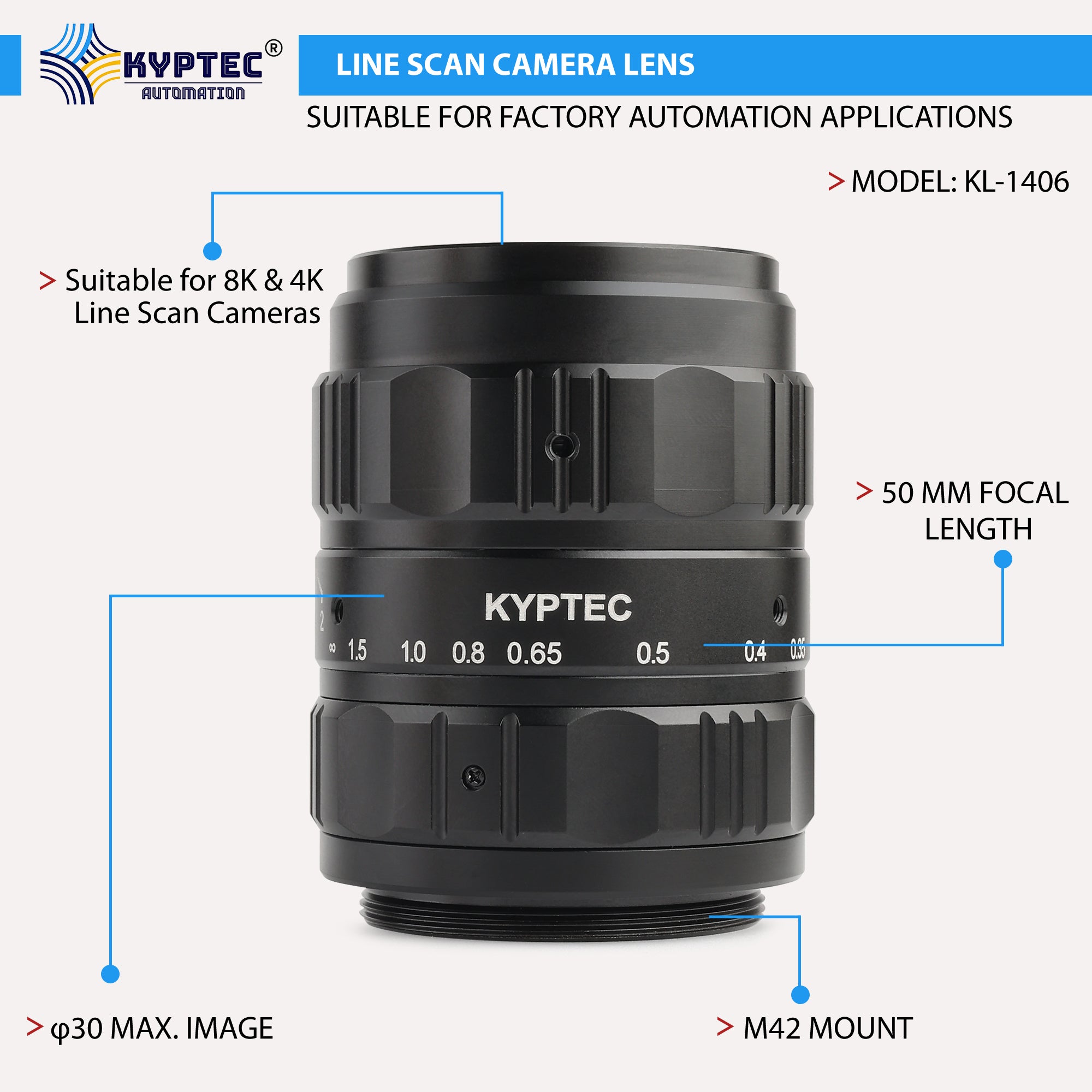 50 MM Line Scan Camera lens Suitable for 8K & 4K Line Scan Cameras