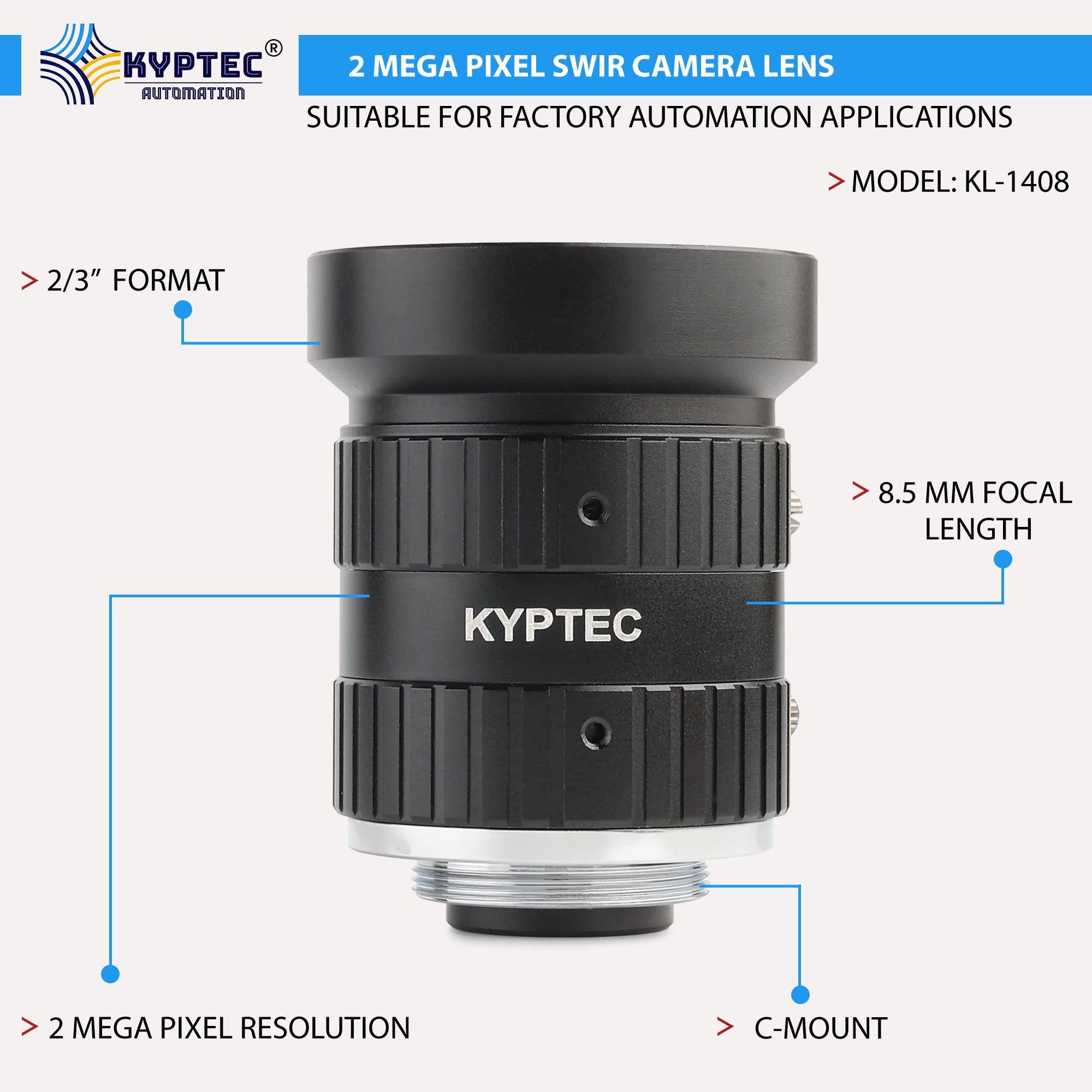 8.5 MM SWIR Camera Lens with 2 MegaPixel & 2/3" Format Lens