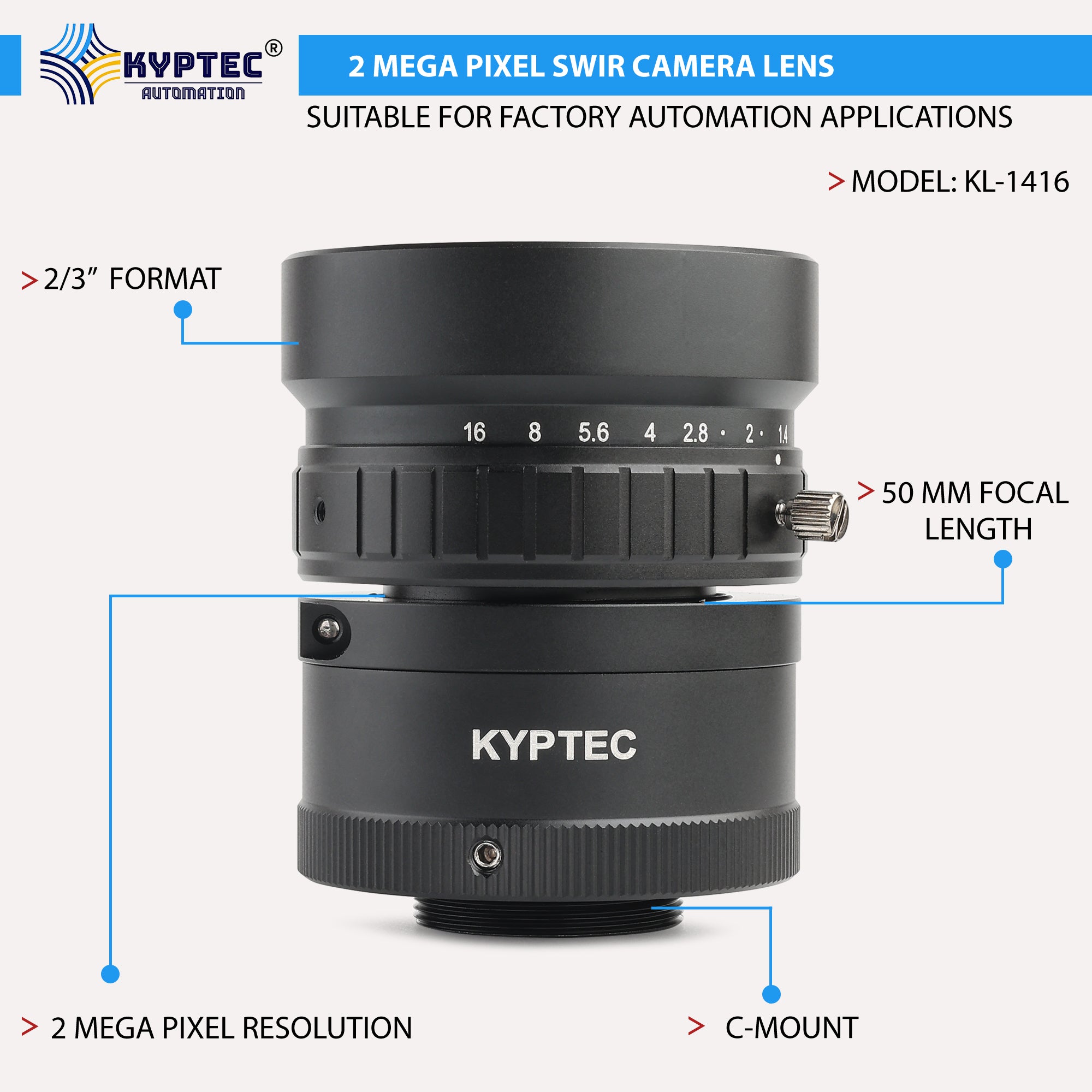 50 MM SWIR Camera Lens with 2 MegaPixel & 2/3" Format Lens